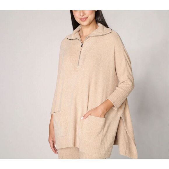 Barefoot Dreams Beige Half Zip Rolled Edge Pockets Tunic Sweater Small/Medium - Picture 1 of 9
